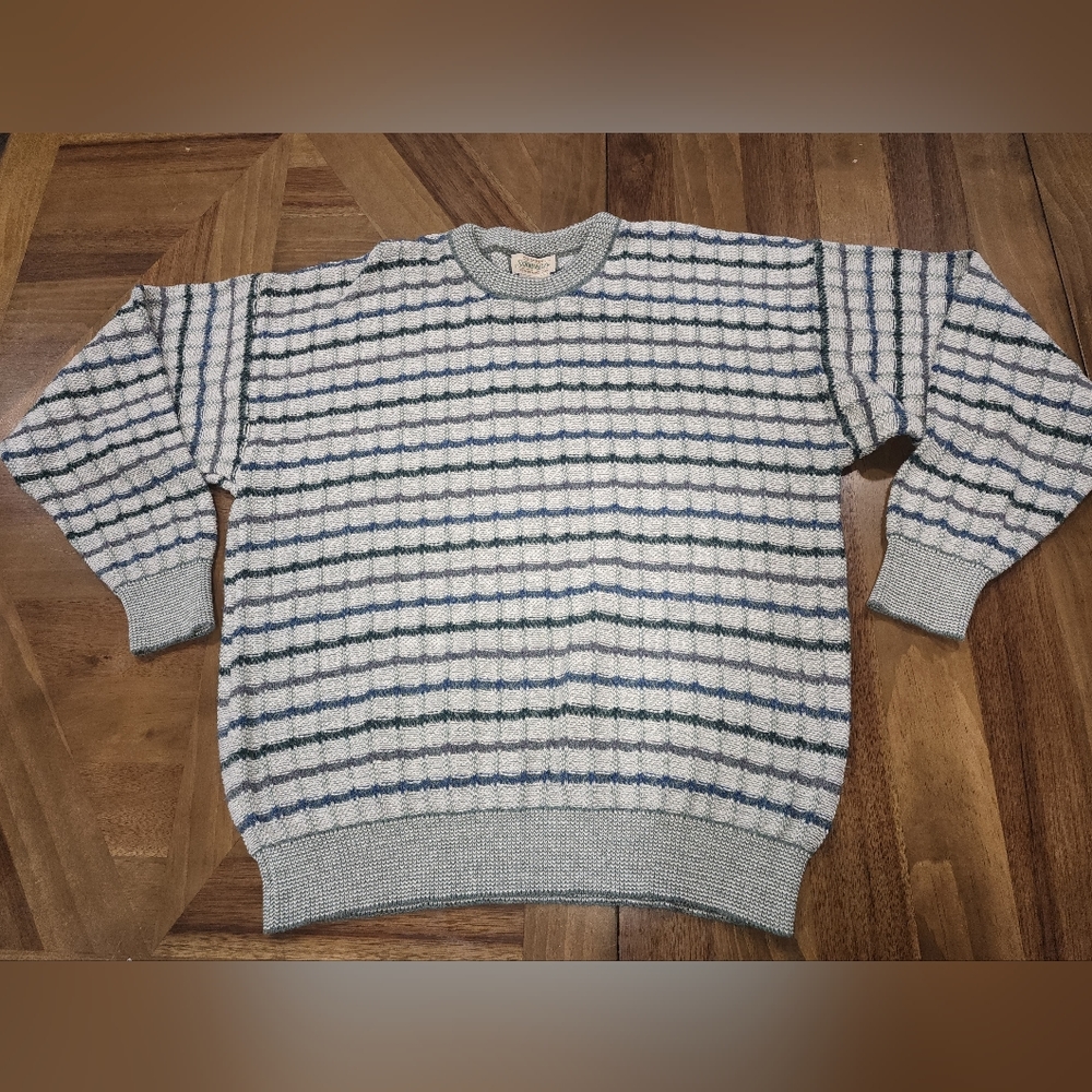 St Johns Bay Sweater Knit Cotton Striped Textured Crew Neck Sz XL Mens Vtg